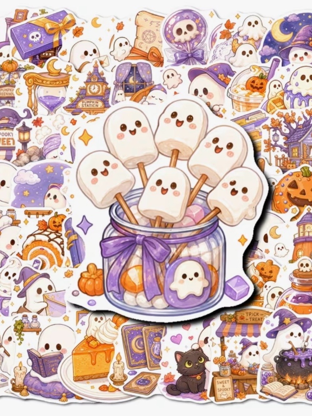 50 Halloween Cute Ghost Stickers Purple Orange Reading Baking Cleaning Desserts - Picture 2 of 16